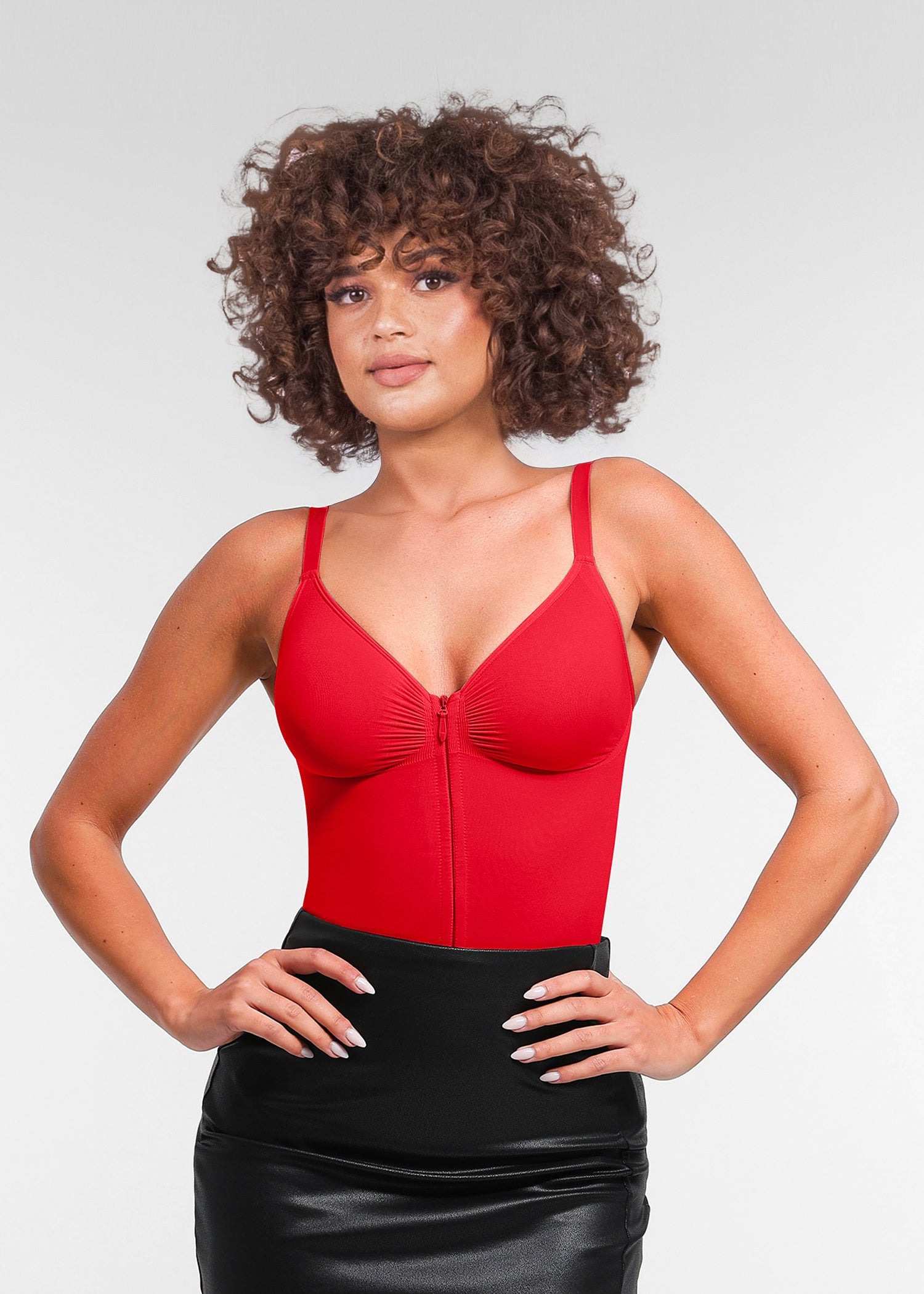 Stefanie Zipper Seamless Plunge Bodysuit – Chest Support and Inner Clips