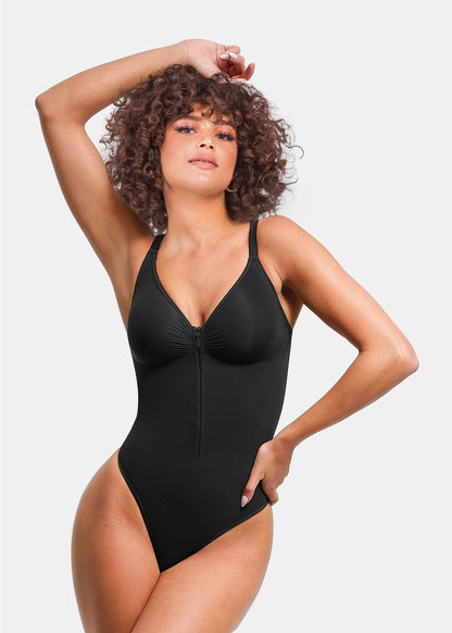 Stefanie Zipper Seamless Plunge Bodysuit – Chest Support and Inner Clips