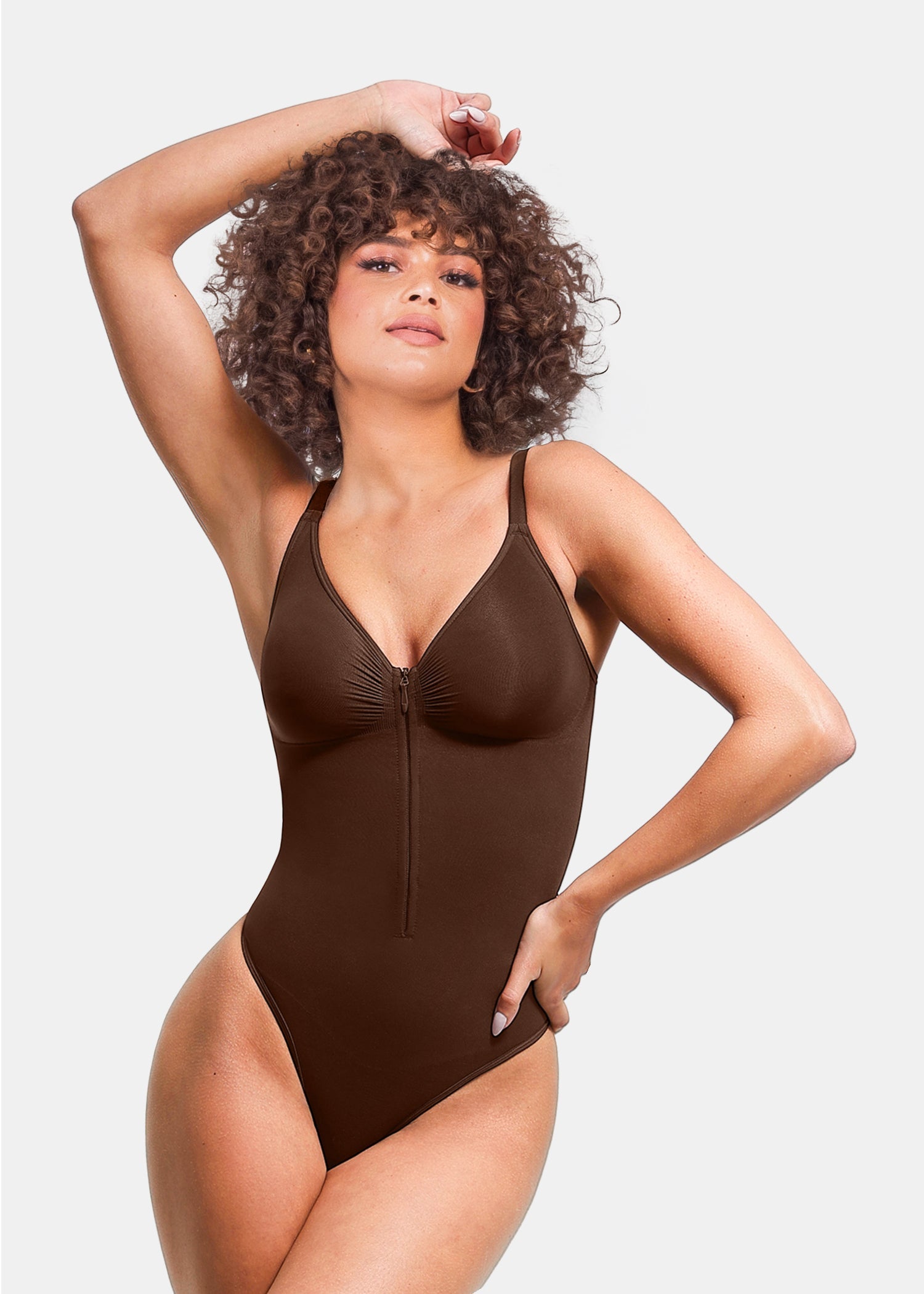 Stefanie Zipper Seamless Plunge Bodysuit – Chest Support and Inner Clips