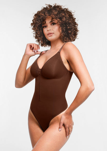 Stefanie Zipper Seamless Plunge Bodysuit – Chest Support and Inner Clips