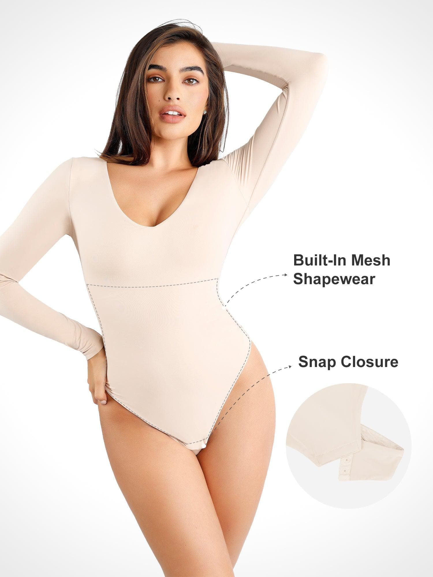Bodysuit with long sleeves: Popilush® highlighting shapewear features and snap closure
