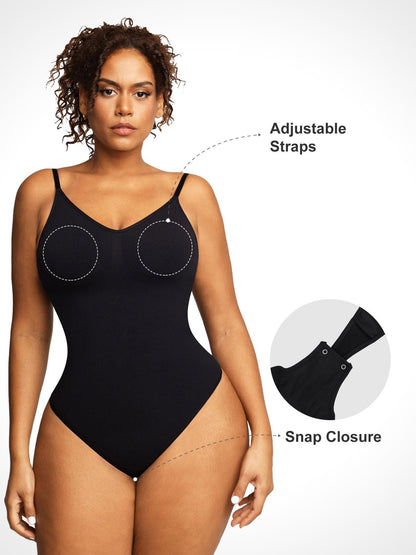 Popilush® black bodysuit featuring adjustable straps and snap closure for slimming and support