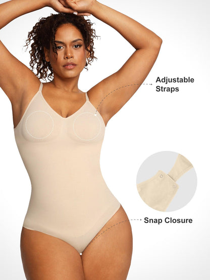 Beige Popilush® bodysuit with adjustable straps, snap closure. Offers all-day support and shaping for confidence.